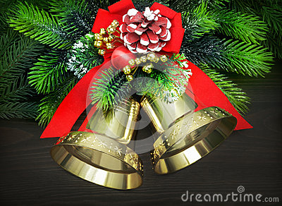 christmas-bells-red-ribbon-pine-twigs-34529055